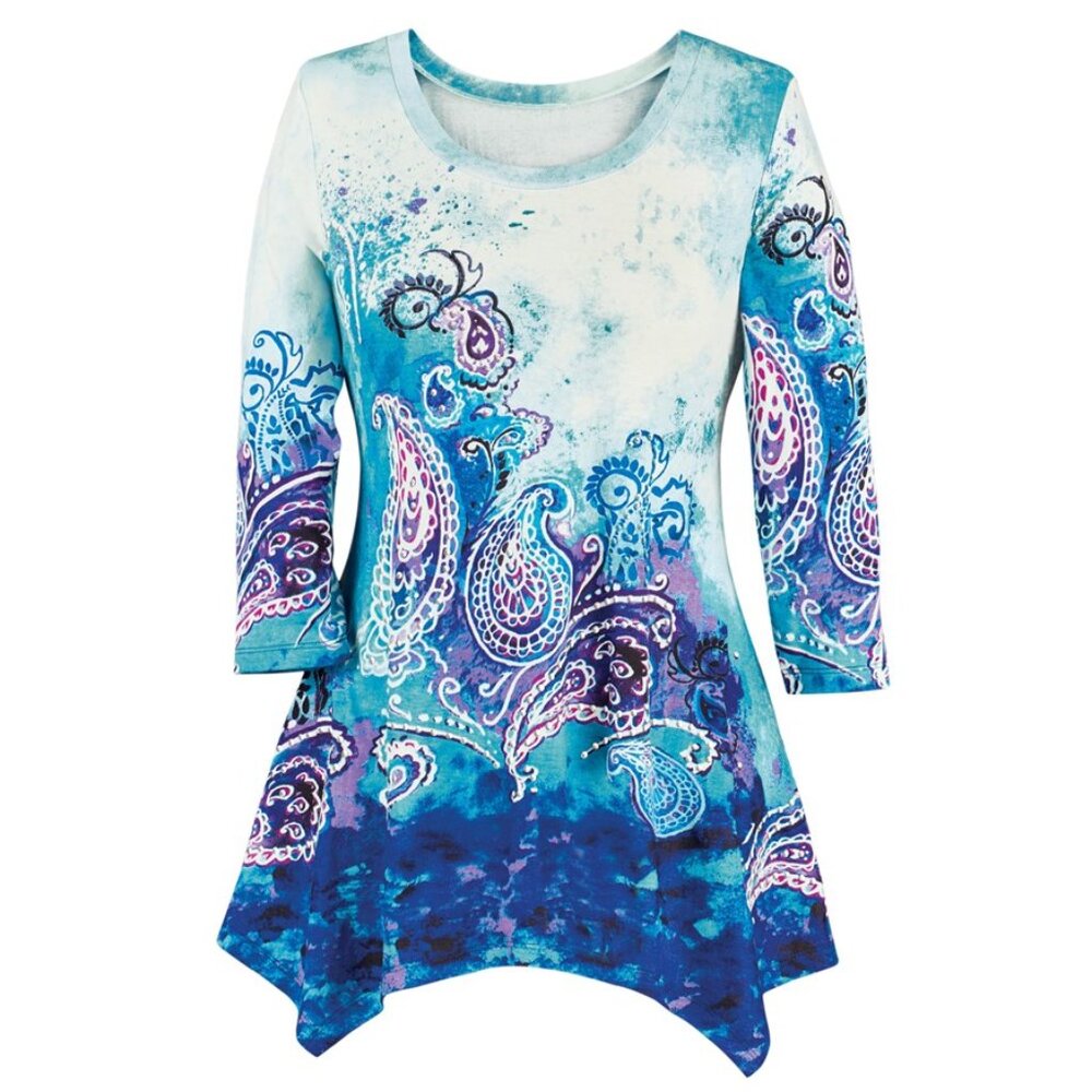 New XXL Aqua & White Ombré Sparkling Cascading Paisley SharkBite Knit Tunic